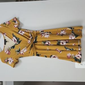 Derek Heart Yellow Floral Dress Cap Sleeves Ruching Women's Small